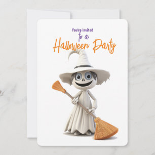 FUN WHITE WITCH WITH BROOM Halloween Party Invitation