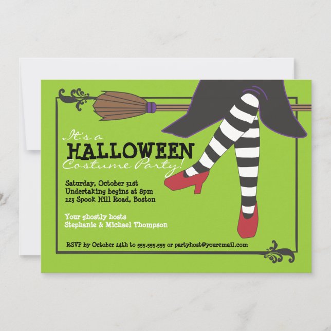 Fun Wicked Witch on Broom Halloween Costume Party Invitation (Front)