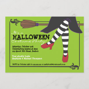 Fun Wicked Witch on Broom Halloween Costume Party Invitation