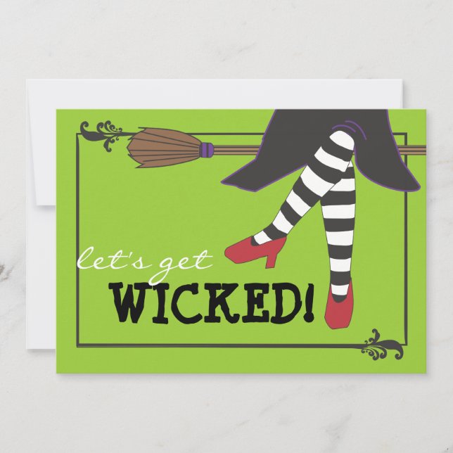 Fun Wicked Witch on Broom Halloween Party Invitation (Front)