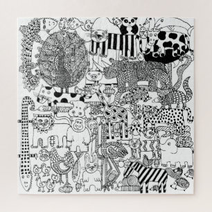 Fun Wild Animals Black and White Modern Art Jigsaw Puzzle