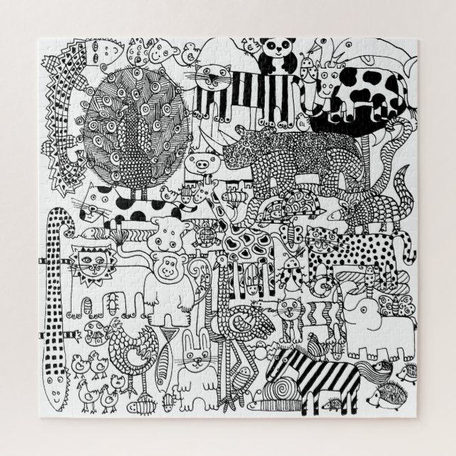 Fun Wild Animals Black and White Modern Art Jigsaw Puzzle (Vertical)
