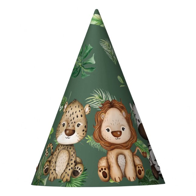 Fun Wild Jungle Safari Animals Greenery Birthday Party Hat (Front)