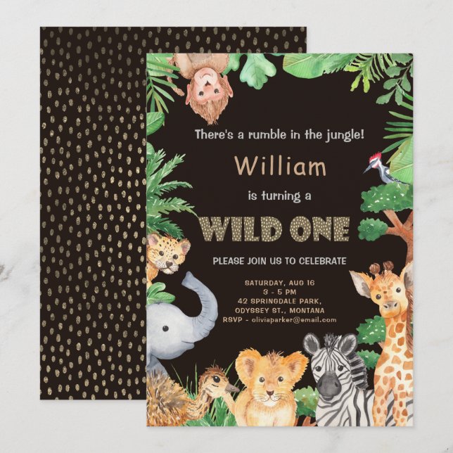 Fun Wild One Jungle Boy First Birthday Invitation (Front/Back)