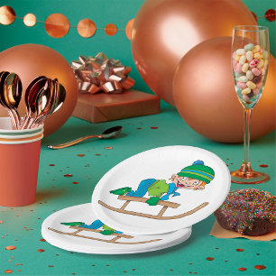 Fun Winter Sledding Boy Cute Snow Adventure Paper Plate