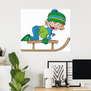 Fun Winter Sledding Boy Cute Snow Adventure  Poster