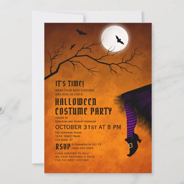 Fun Witch Dress Orange Halloween Costume Party Invitation (Front)
