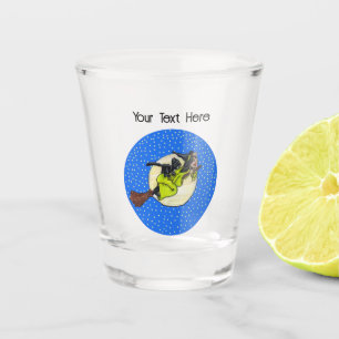 Fun Witch Green Dress Flying on Broom Cat Circle Shot Glass