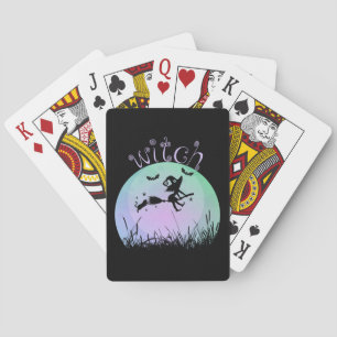 Fun Witch on a broomstick with a cat Playing Cards