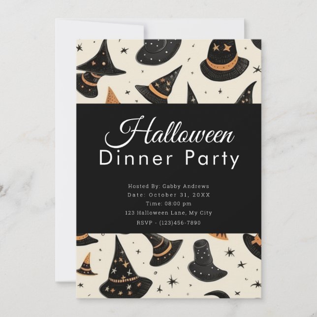Fun Witches Hats Black Halloween Dinner Party Invitation (Front)