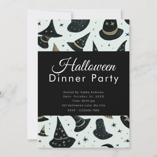 Fun Witches Hats Black Halloween Dinner Party Invitation (Front)
