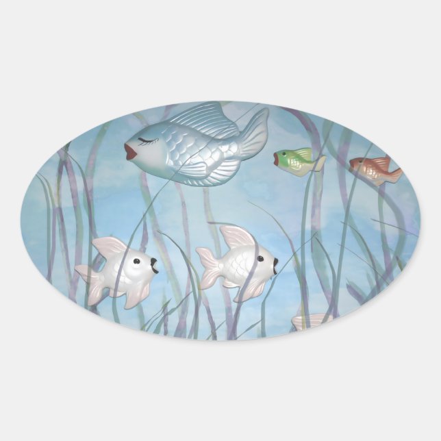 fun with chalkware fish watercolor style oval sticker (Front)