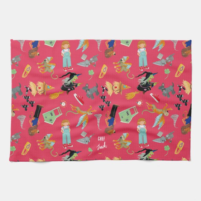 Fun Wizard of Oz on red children's design Tea Towel (Horizontal)