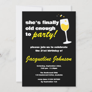 Fun Woman's Black 21st Birthday Invitation