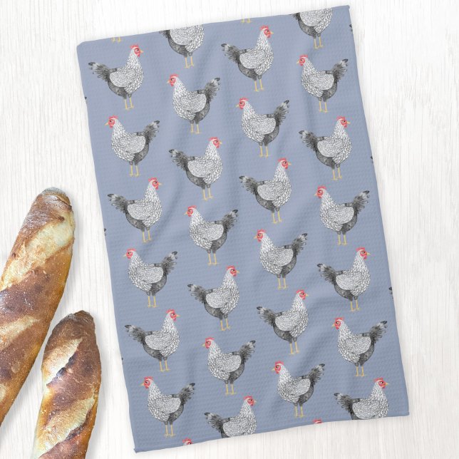 Fun Wyandotte Chicken Hen Watercolor Blue Tea Towel (Wyandotte Chicken watercolor hen pattern kitchen tea towel)