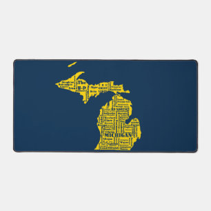 Fun Yellow and Navy Blue State of Michigan cities Desk Mat