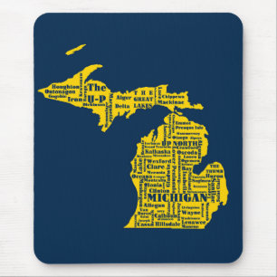 Fun Yellow and Navy Blue State of Michigan cities Mouse Mat