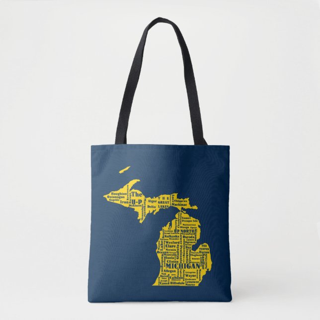 Fun Yellow and Navy Blue State of Michigan cities Tote Bag (Front)