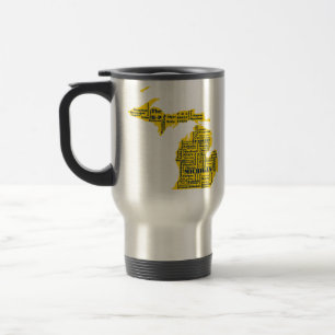 Fun Yellow and Navy Blue State of Michigan cities Travel Mug