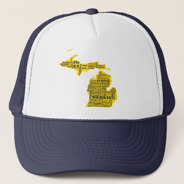 Fun Yellow and Navy Blue State of Michigan cities Trucker Hat (Front)