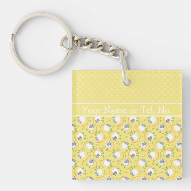 Fun Yellow and White Custom Keychain, Comic Sheep Key Ring (Front)