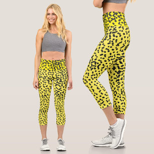 Fun Yellow Black Dalmatian Ink Paint Spots Pattern Capri Leggings