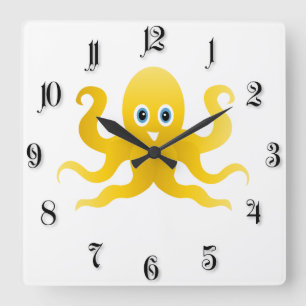 Fun yellow octopi square wall clock
