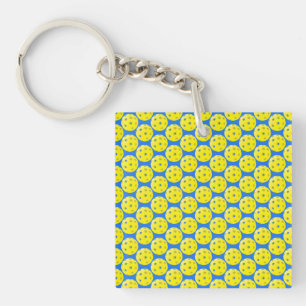 Fun Yellow Pickleball Pattern on Blue  Key Ring