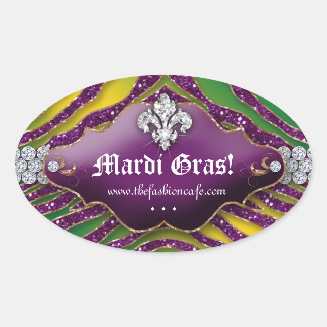 Fun Zebra Fleur de lis Mardi Gras Party Oval Sticker (Front)