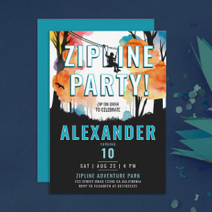 Fun Zipline Colourful Blue Boy Adventure Watercolo Invitation