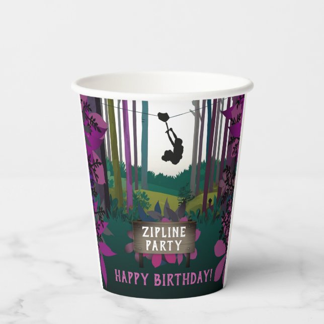 Fun Zipline Purple Pink Forest Girl Adventure Paper Cups (Back)