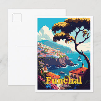 Funchal Portugal Travel Vintage Illustration Postcard