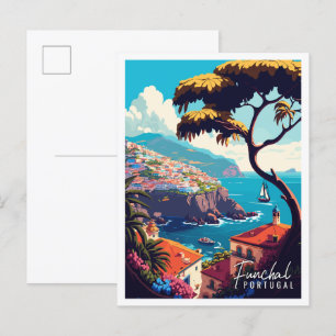 Funchal Portugal vintage travel illustration Postcard