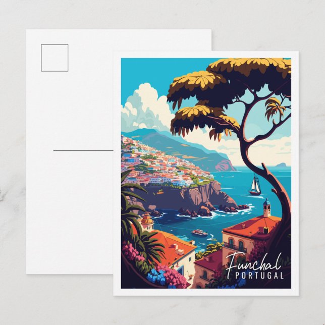 Funchal Portugal vintage travel illustration Postcard (Front/Back)