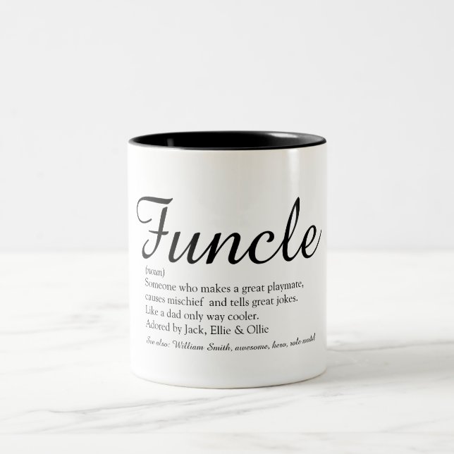 Funcle, Uncle Definition Script Black and White Two-Tone Coffee Mug (Center)