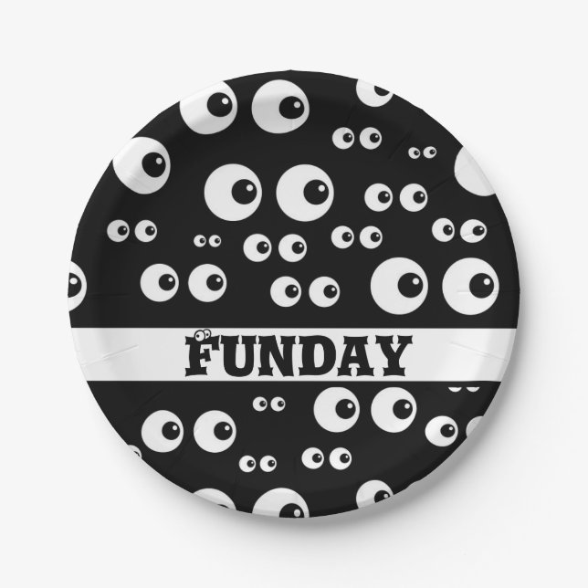 Funday, black and white eyeball paper plates (Front)