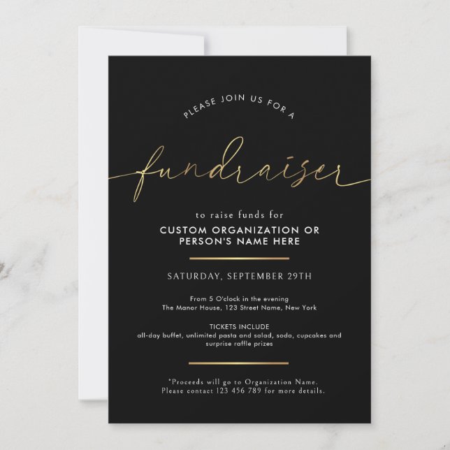 Fundraiser Minimalist Script Black & Gold Charity Invitation (Front)