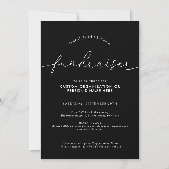 Fundraiser Minimalist Script Black & White Charity Invitation (Front)
