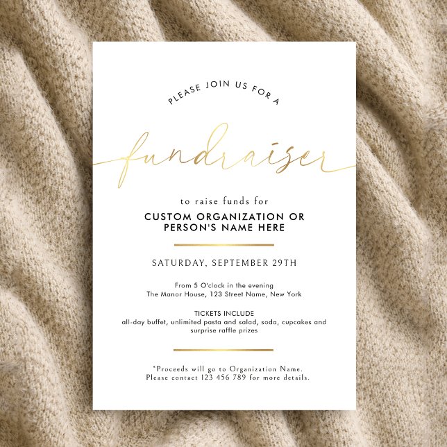 Fundraiser Minimalist Script White & Gold Charity Invitation (Creator Uploaded)
