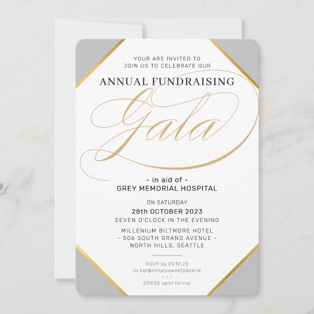 FUNDRAISING GALA elegant event grey silver gold Invitation (Front)