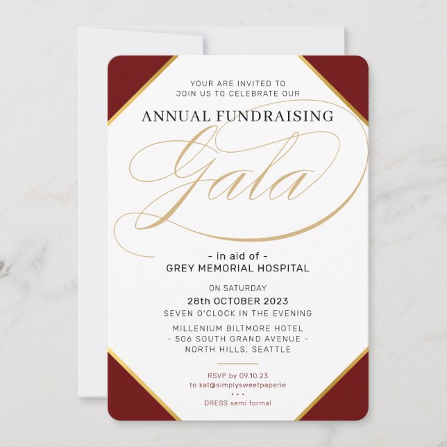FUNDRAISING GALA elegant event maroon red gold Invitation (Front)