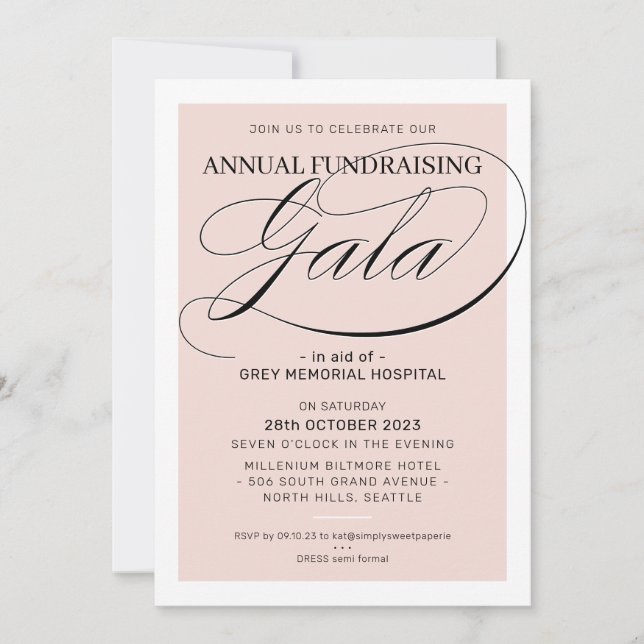 FUNDRAISING GALA event fancy gold frame blush pink Invitation (Front)