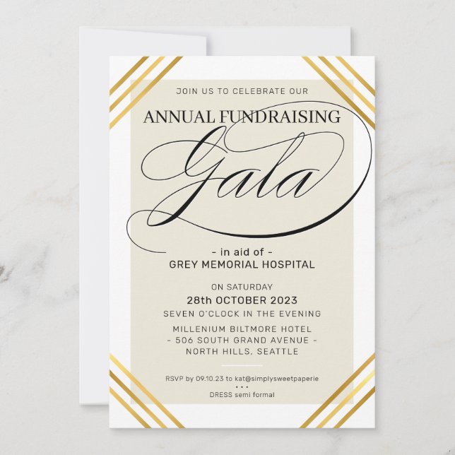 FUNDRAISING GALA event fancy gold frame ivory Invitation (Front)