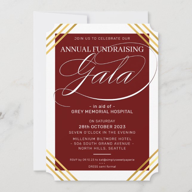 FUNDRAISING GALA event fancy gold frame maroon Invitation (Front)