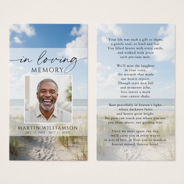 Funeral Beach Photo In Loving Memory Prayer Card (Front & Back)