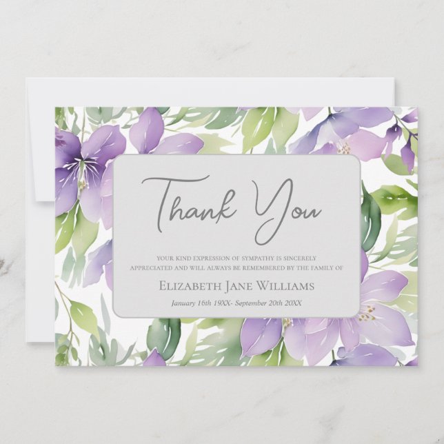 Funeral Bereavement Purple Floral  Thank You Card (Front)