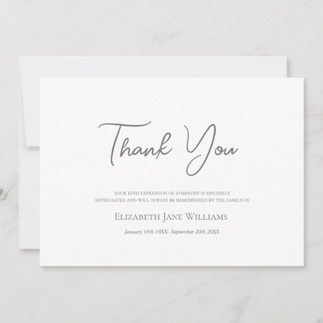 Funeral Bereavement Simple Script Thank You Card (Front)