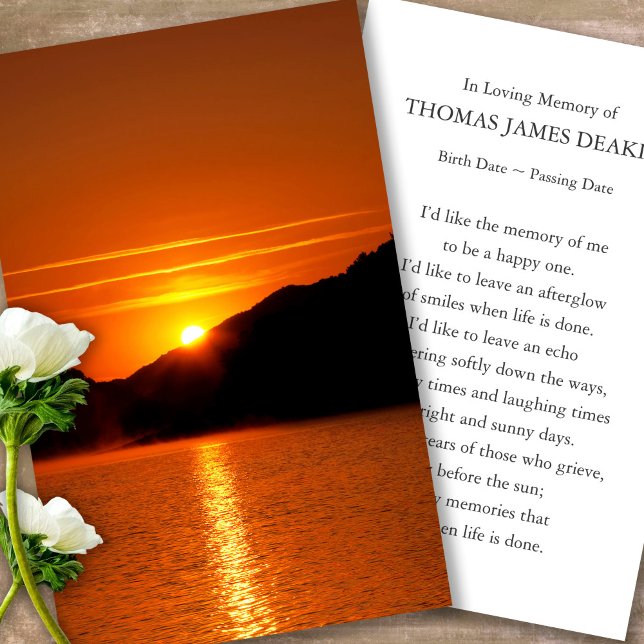 Funeral Bereavement Sunset Prayer Sympathy Card (sunset, sunrise, beach, celebration of life, in loving memory of, prayer cards for bereavement)