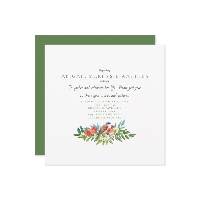 Funeral Bird and Pomegranate Celebration of Life   Invitation (Front/Back In Situ)