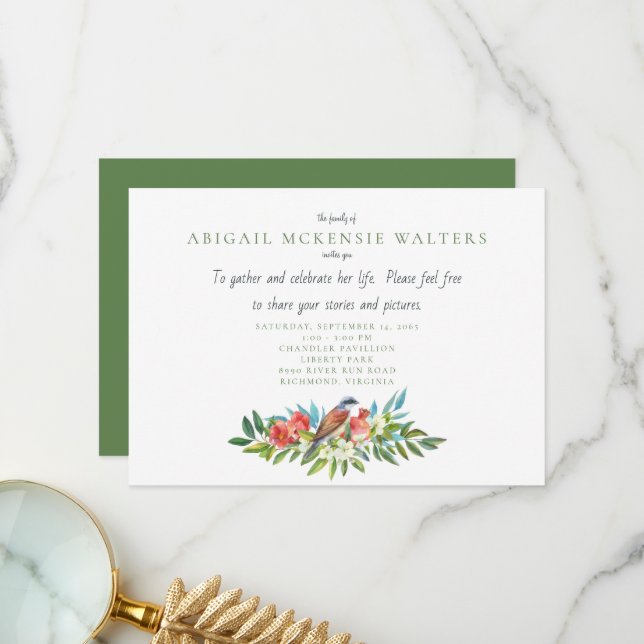 Funeral Bird and Pomegranate Celebration of Life T Thank You Card (Front/Back In Situ)